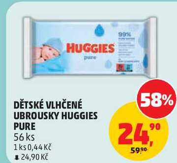 DĚTSKÉ VLHČENÉ UBROUSKY HUGGIES PURE, 56 ks Penny Market