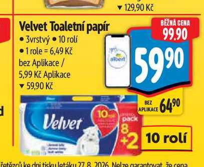 Velvet Toaletní papír  3vrstvý 10 rolí Albert