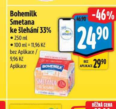 Bohemilk Smetana ke šlehání 33%  250 ml   v akci