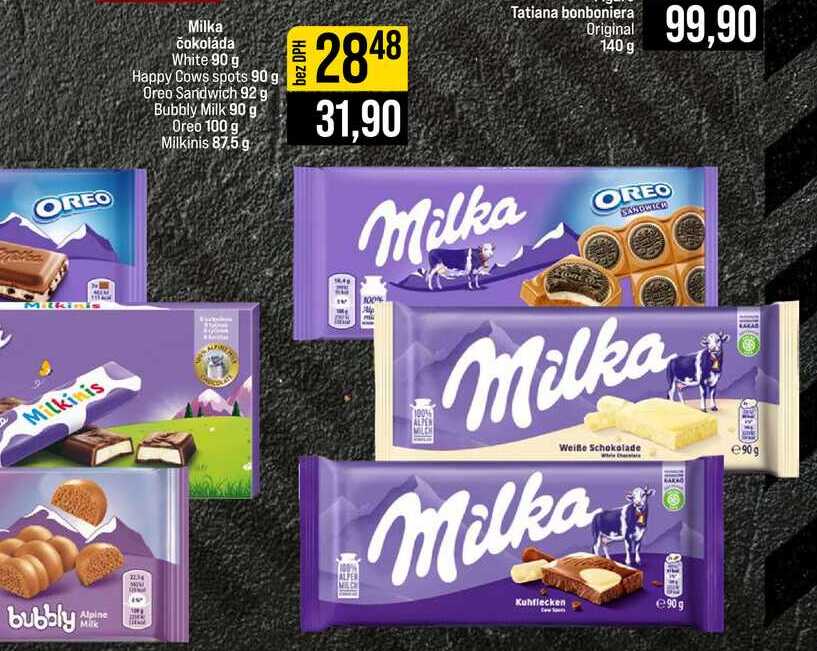 Milka čokoláda White 90 g Happy Cows spots 90 g Oreo Sandwich 92 g Bubbly Milk 90 g Oreo 100 g Milkinis 87,5 g