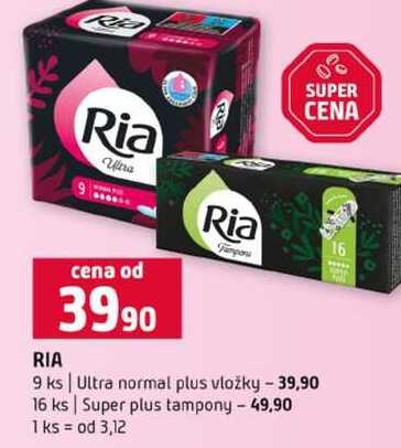 RIA cena od 3990 9 ks Ultra normal plus vložky 16 ks Super plus tampony Terno