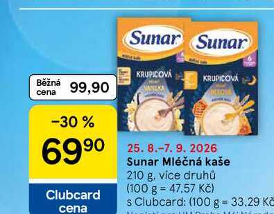Sunar Mléčná kaše, 210 g, více druhů Tesco
