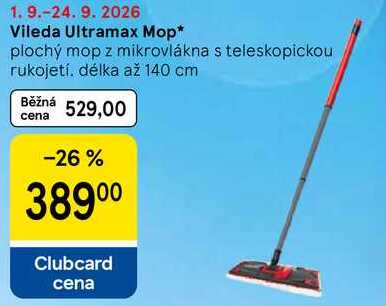 Vileda Ultramax Mop, plochý mop z mikrovlákna s teleskopickou rukojetí, délka až 140 cm Tesco