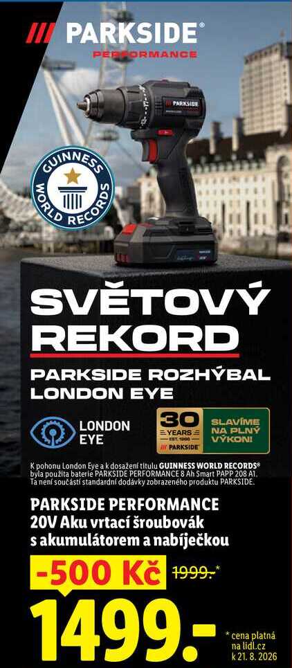 PARKSIDE PERFORMANCE 20V Aku vrtací šroubovák s akumulátorem a nabíječkou
