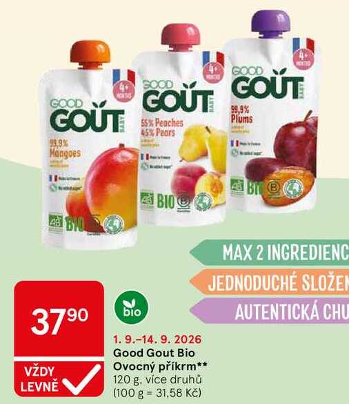 Good Gout Bio Ovocný příkrm, 120 g, více druhů Tesco