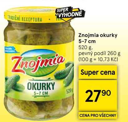 Znojmia okurky 5-7 cm, 520 g. pevný podíl 260 g