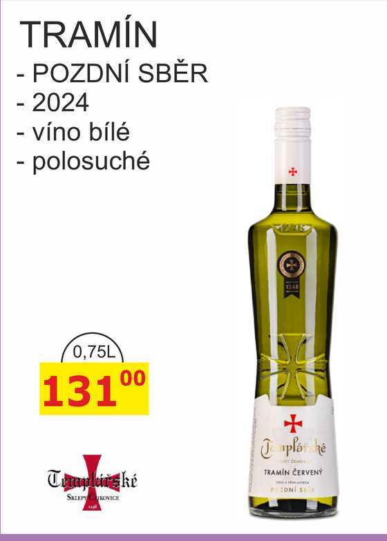 Templářské sklepy 0,75l TRAMÍN, POZDNÍ SBĚR - 2024 víno bílé - polosuché