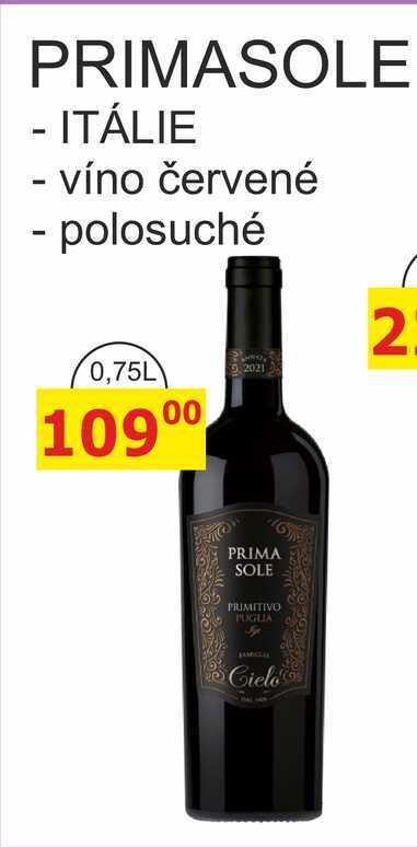PRIMASOLE PRIMITIVO- ITÁLIE - víno červené - polosuché 0,75L