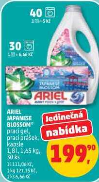 ARIEL JAPANESE BLOSSOM, prací gel prací prášek, kapsle 1,8 l, 1,65 kg, 30 ks Penny Market