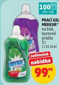 PRACÍ GEL MERKUR na bílé, barevné prádlo, 3 l Penny Market