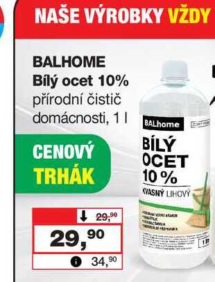 BALHOME Bílý ocet 10% přírodní čistič domácnosti, 1l Barvy a laky drogerie 