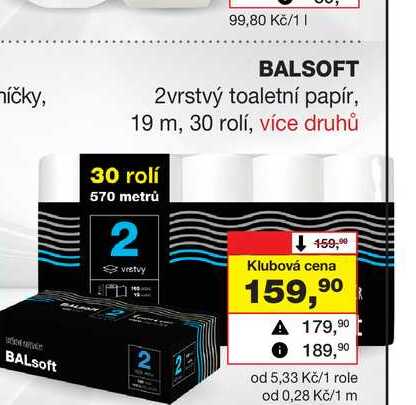 BALSOFT 2vrstvý toaletní papír, 19 m, 30 rolí Barvy a laky drogerie 