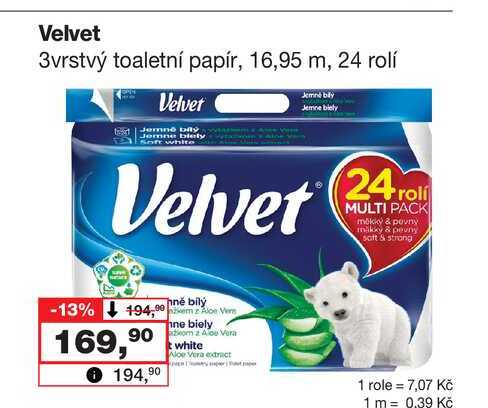 Velvet 3vrstvý toaletní papír, 16,95 m, 24 rolí Barvy a laky drogerie 