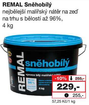 REMAL Sněhobílý nejbělejší malířský nátěr na zeď na trhu s bělostí až 96%, 4 kg Barvy a laky drogerie 