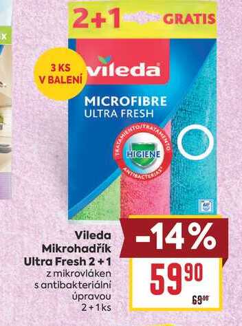 Vileda Mikrohadřík Ultra Fresh 2+1 z mikrovláken santibakteriální úpravou 2+1ks