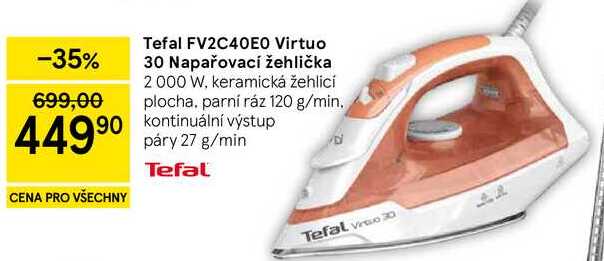 Tefal FV2C40E0 Virtuo 30 Napařovací žehlička, 2000 W, keramická žehlicí plocha, parní ráz 120 g/min. kontinuální výstup páry 27 g/min