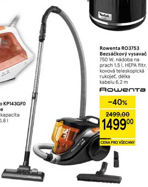 Rowenta RO3753 Bezsáčkový vysavač, 750 W, nádoba na prach 1,5 l, HEPA filtr, kovová teleskopická rukojeť, délka kabelu 6,2 m