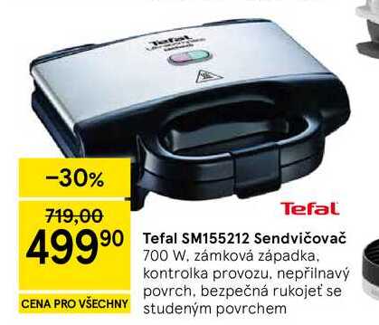Tefal SM155212 Sendvičovač, 700 W, zámková západka, kontrolka provozu, nepřilnavý povrch, bezpečná rukojeť se studeným povrchem