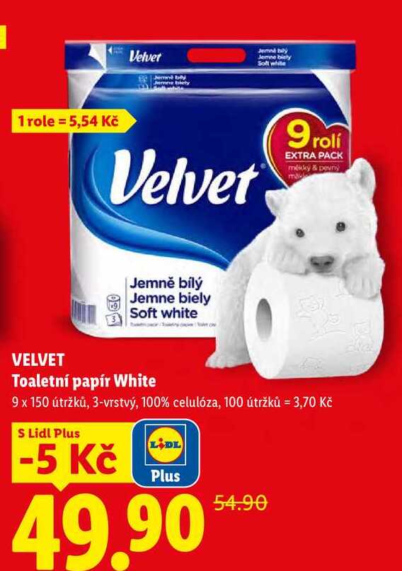 VELVET Toaletní papír White, 9 rolí Lidl