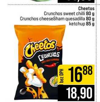 Cheetos Crunchos sweet chilli 80 g Crunchos cheese&ham quesadilla 80 g Cheetos ketchup 85 g