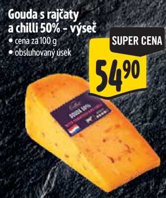 Gouda s rajčaty a chilli 50%- výseč, cena za 100 g 