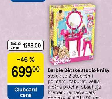 Barbie Dětské studio krásy, stolek se 2 otočnými policemi, taburet, velká úložná plocha, obsahuje Tesco