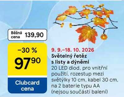Světelný řetěz s listy a dýněmi, 20 LED diod, pro vnitřní použití, rozestup mezi světýlky 10 cm, Tesco