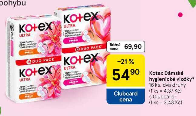 Kotex Dámské hygienické vložky, 16 ks, dva druhy Tesco