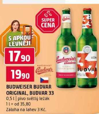 BUDWEISER BUDVAR ORIGINAL, BUDVAR 33 0,5l pivo světlý ležák
