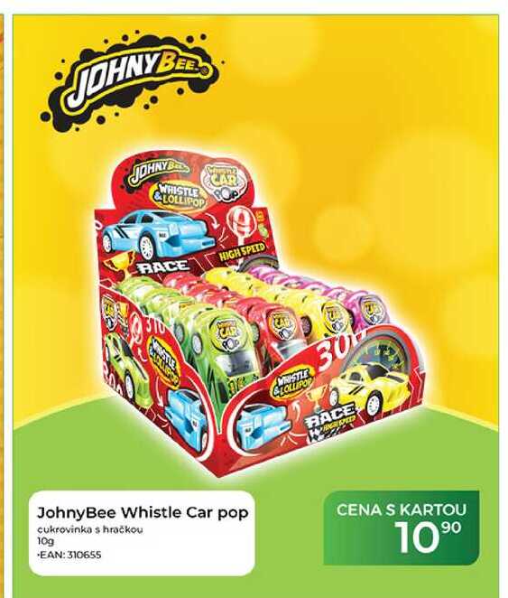 JohnyBee Whistle Car pop cukrovinka s hračkou 10g