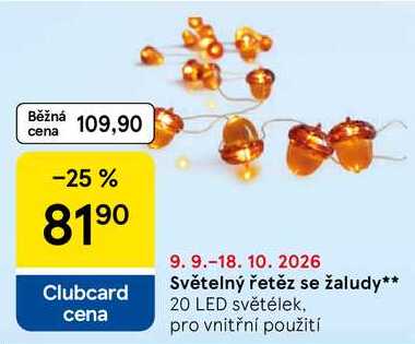 Světelný řetěz se žaludy, 20 LED světélek, pro vnitřní použití Tesco