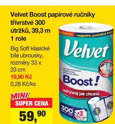 Velvet Boost papírové ručníky třívrstvé 300 útržků, 39,3 m Šlak