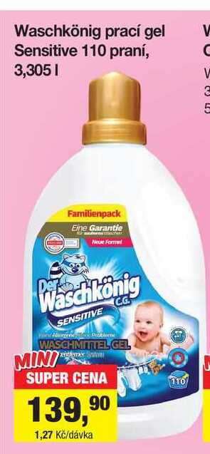 Waschkönig prací gel Sensitive 110 praní, 3,305 l Šlak
