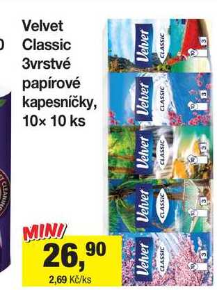 Velvet Classic 3vrstvé papírové kapesníčky, 10x 10 ks