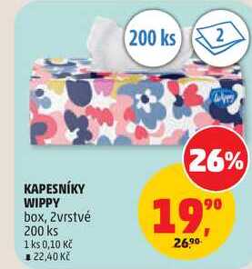 KAPESNÍKY WIPPY box, 2vrstvé, 200 ks Penny Market