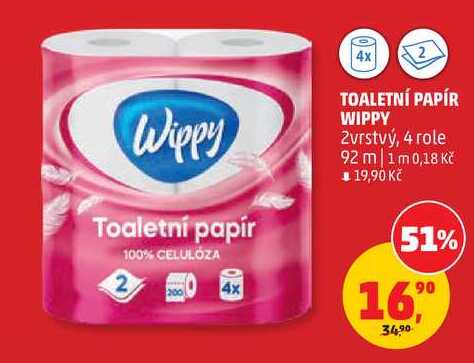 TOALETNÍ PAPÍR WIPPY, 2vrstvý, 4 role Penny Market