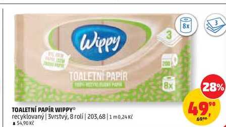 TOALETNÍ PAPÍR WIPPY recyklovaný, 3vrstvý, 8 roli Penny Market