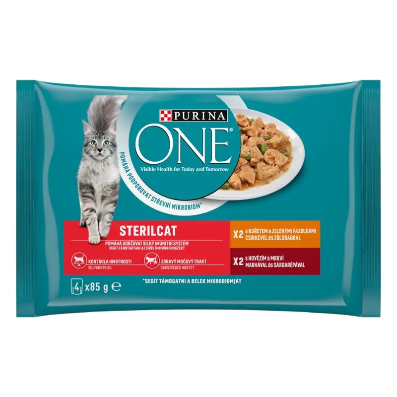 Purina One Kapsička pro kočky Sterilcat s kuřetem a zelenými fazolkami, s hovězím a mrkví ve šťávě multipack 4x 85 g, 340 g