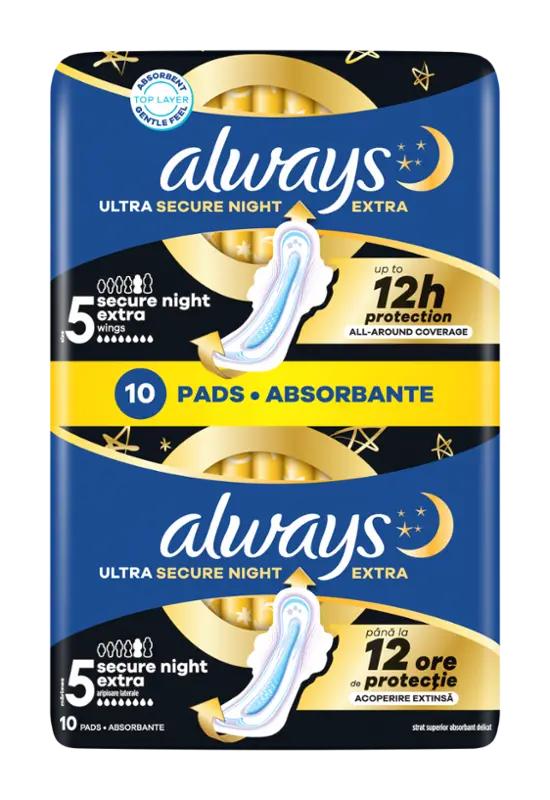 Always Hygienické vložky Ultra Secure Night Extra s křidélky vel. 5, 10 ks ROSSMANN