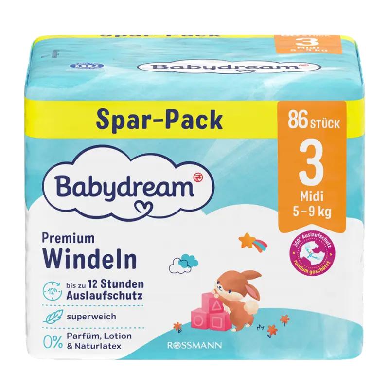 Babydream Pleny Premium Midi, 5–9 kg, vel. 3, Jumbo-Pack, 86 ks