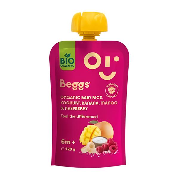 Beggs BIO Dětská rýže s jogurtem, banánem, mangem a malinami