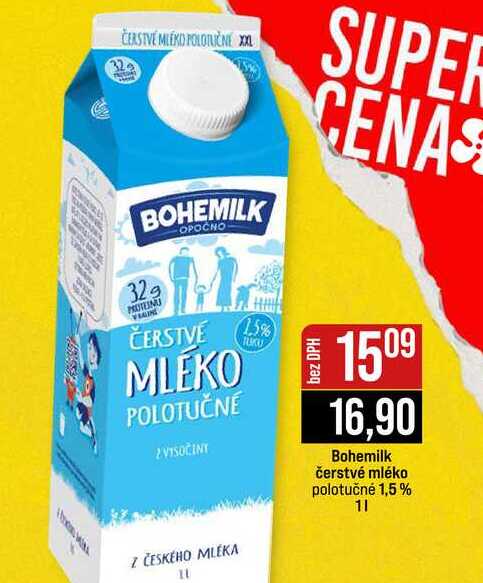 Bohemilk čerstvé mléko polotučné 1,5% 1l