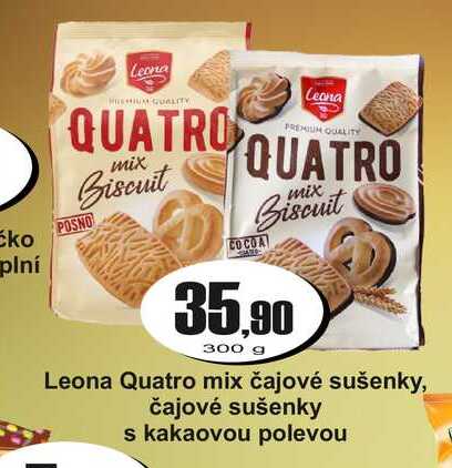Leona Quatro mix čajové sušenky, čajové sušenky s kakaovou polevou 300 g v akci