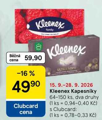 Kleenex Kapesníky, 64-150 ks, dva druhy Tesco