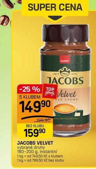 JACOBS VELVET vybrané druhy 180-200 g, instantní