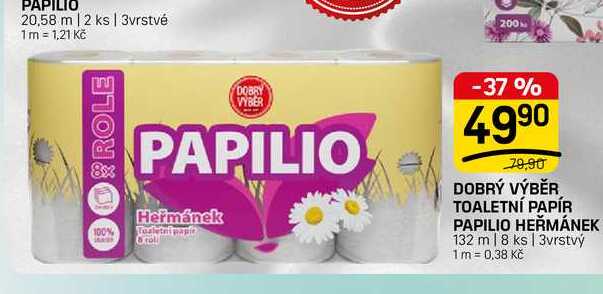 DOBRÝ VÝBĚR TOALETNÍ PAPÍR PAPILIO HEŘMÁNEK 132 m 8 ks | 3vrstvý FLOP TOP