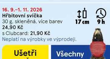 Hřbitovní svíčka, 30 g. skleněná, více barev Tesco