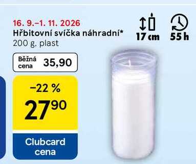 Hřbitovní svíčka náhradní plast, 200 g Tesco