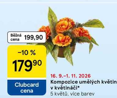 Kompozice umělých květin v květináči, 5 květů, více barev Tesco