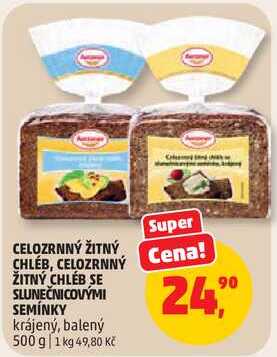 CELOZRNNÝ ŽITNÝ CHLEB SE SLUNEČNICOVÝMI SEMÍNKY krájený, balený, 500 g